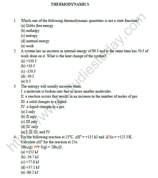 Cbse Class 11 Chemistry Thermodynamics Worksheet Set D 2832